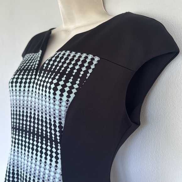 Connected Apparel black blue abstract dot stretch bodycon cap sleeve dress 6P - Picture 6 of 11